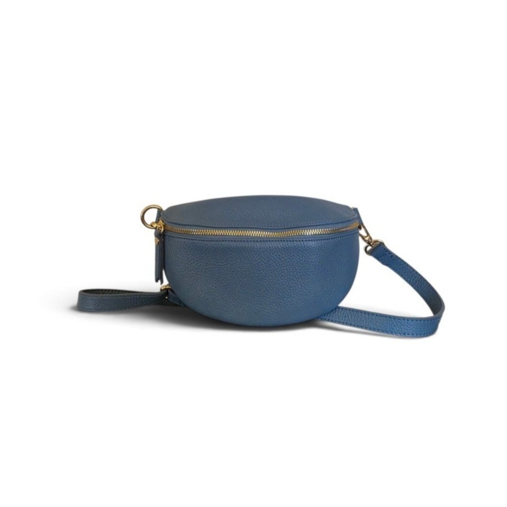 Borse in Pelle Italy Steel Blue Grain Leather Minimalist Zip Crossbody Bag
